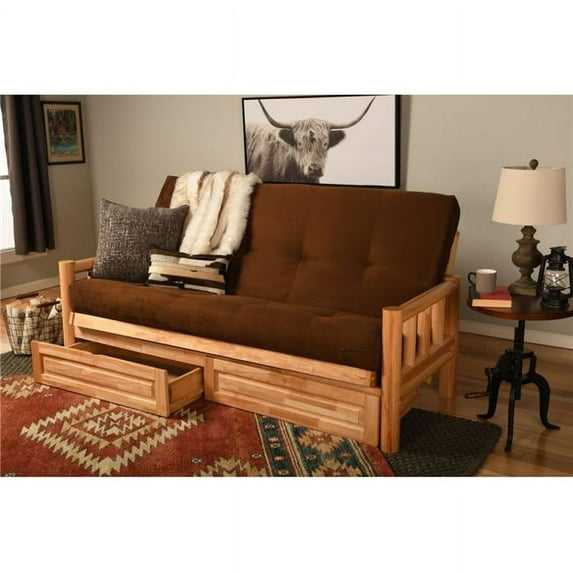 Kodiak KFLDDSCHOCLF5MD4 Lodge Natural Futon Frame with Suede Chocolate Mattress & Storage Drawers - Full Size