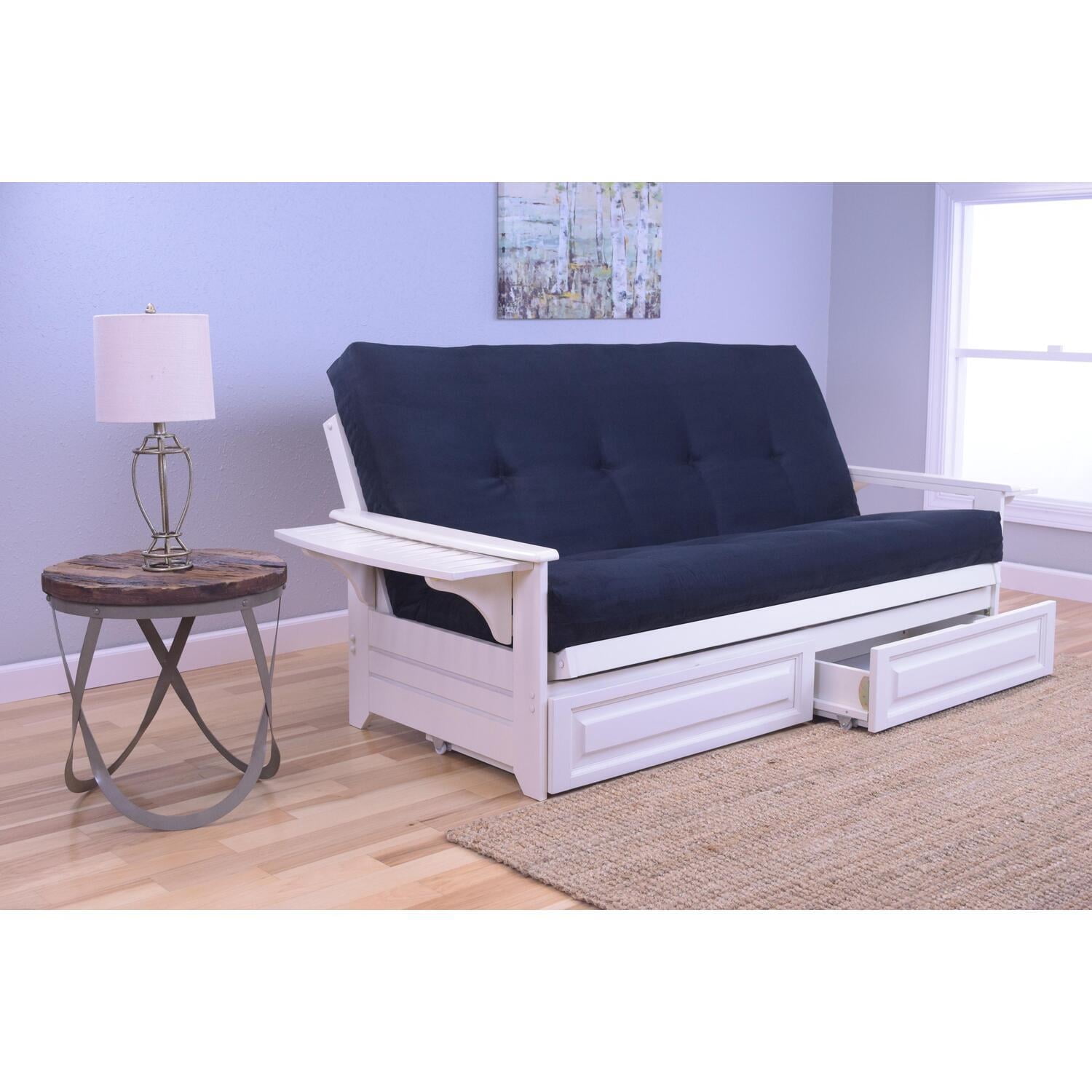 Kodiak KFPHDAWSBLKLF5MD4 Phoenix Antique White Futon Frame with Suede Black Mattress & Storage Drawers - Full Size
