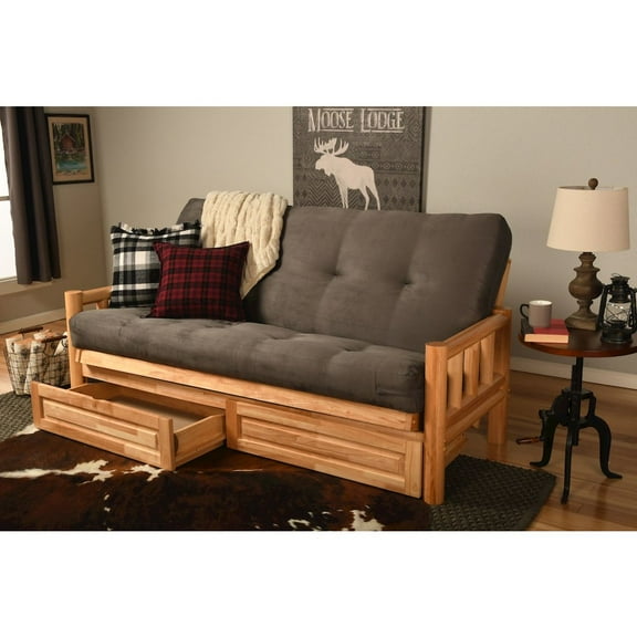 KODIAK Lodge Frame-Natural Finish-Suede Gray Mattress-Storage Drawers