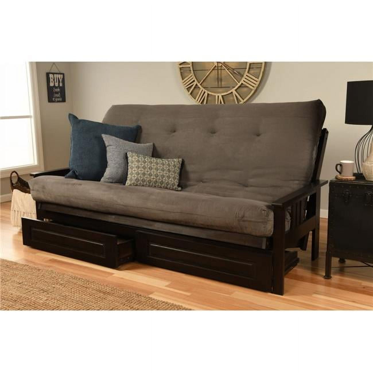 Kodiak Monterey Espresso Futon Frame with Suede Gray Mattress & Storage