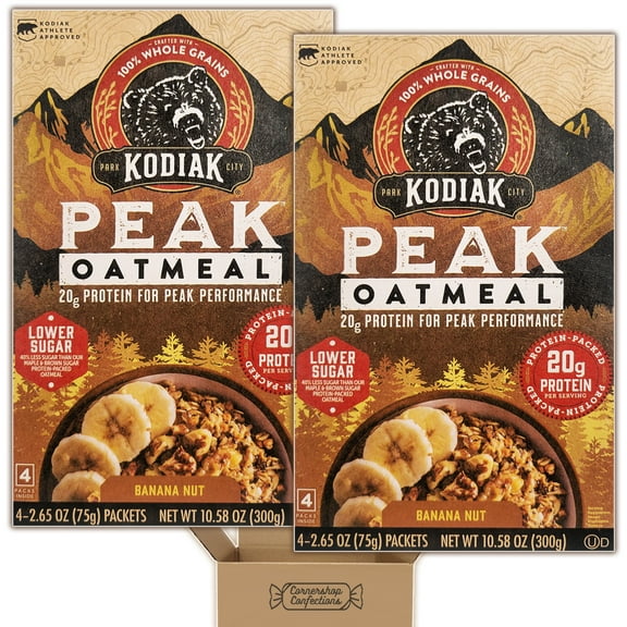 Kodiak Peak Oatmeal Bundle Pack - Banana Nut - 2 Boxes Each With 4 Individually Sealed 2.65 Ounce Packets - 20g of Protein Per Serving, 100% Whole Grains in Cornershop Confections Pack
