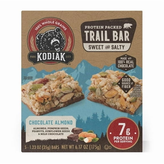 Kodiak Protein-Packed Chocolate Almond Trail Bars, 1.23 oz, 5 Count Cardboard Box pack of 1
