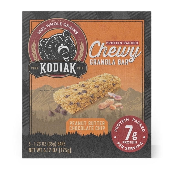 Kodiak Protein Packed Peanut Butter Chocolate Chip Chewy Granola Bar, 1.23 oz, 5 Count Cardboard Box