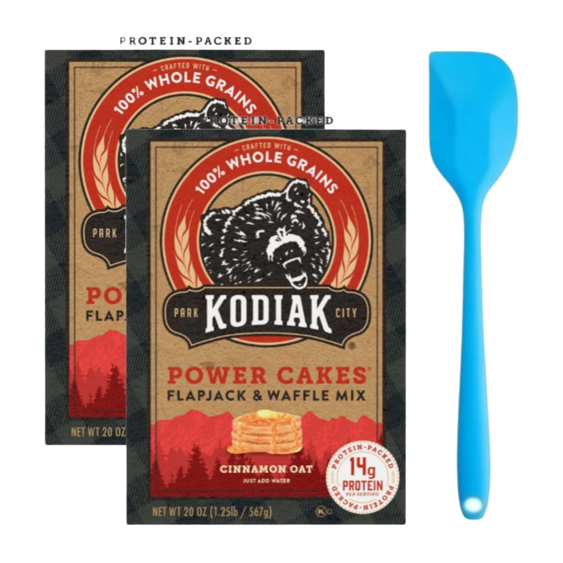 Kodiak Protein-Packed Power Cakes Cinnamon Oat Pancake and Waffle Mix, 20 oz Box (2 pack) and 8in Silicone Spatula (Color Varies)