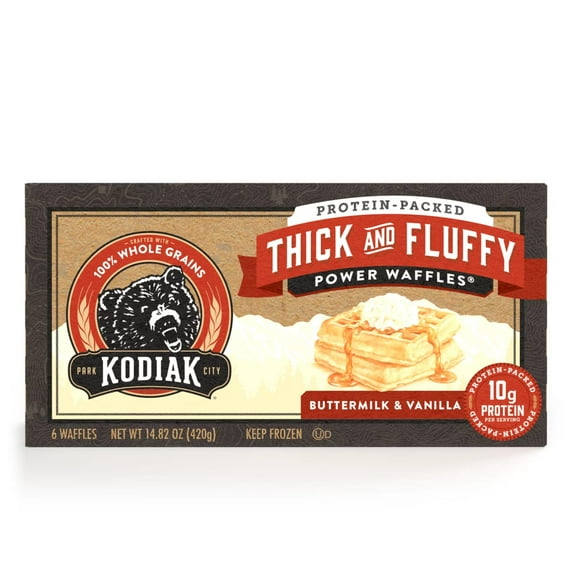Kodiak Protein-Packed Thick and Fluffy Buttermilk & Vanilla Power Waffles, 14.8 oz, 6 Count (Frozen)