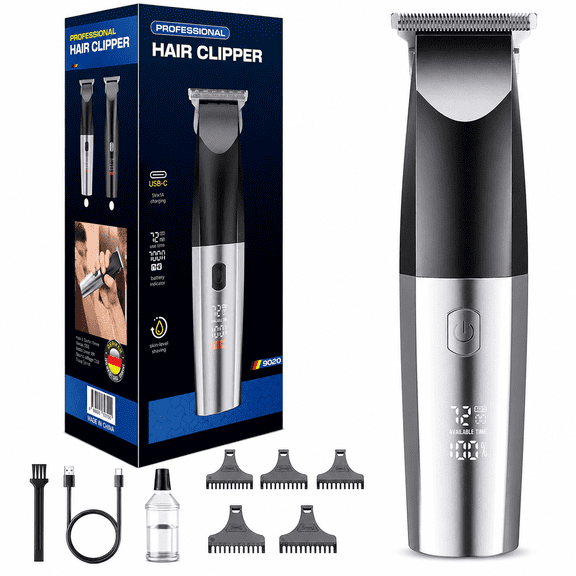Kodiake  Professional Hair Clipper and Beard Trimmer, Rechargeable Cordless Hair Trimmer with LED Display, Type-C Charging, Silver Black