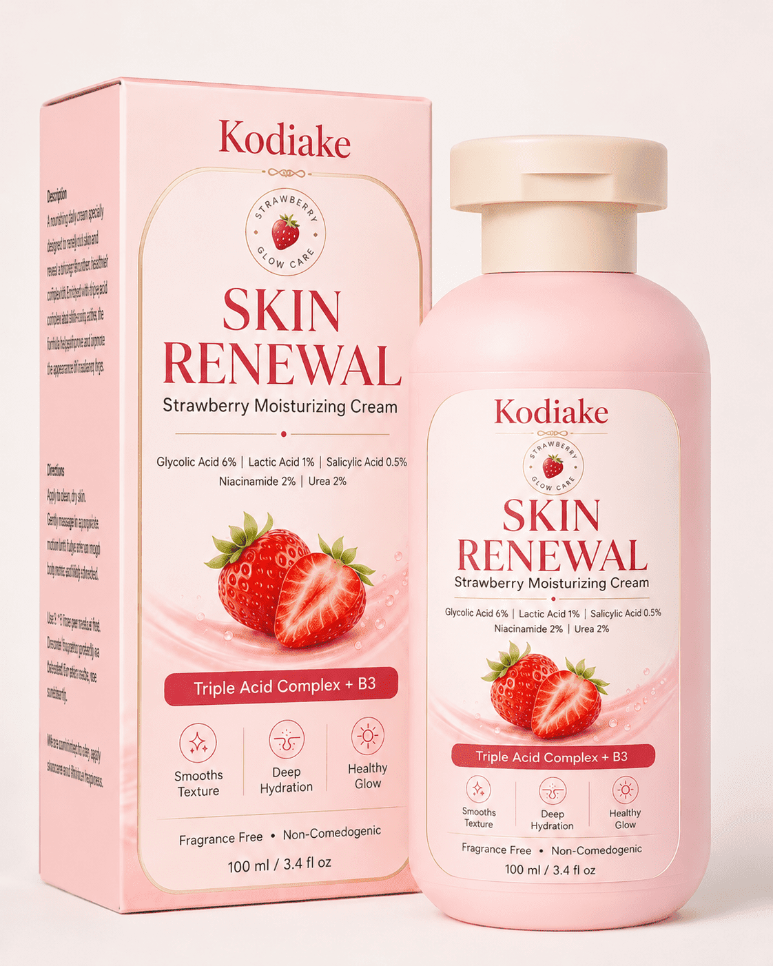 Kodiake Strawberry Moisturizing Body Cream with Glycolic Acid, Lactic Acid, Salicylic Acid, Niacinamide & Urea, 3.4 fl oz