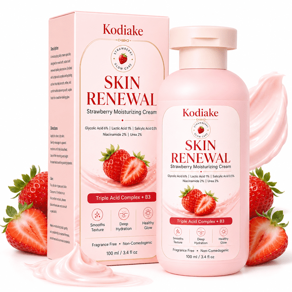 Kodiake Strawberry Moisturizing Body Cream with Glycolic Acid, Lactic Acid, Salicylic Acid, Niacinamide & Urea, 3.4 fl oz