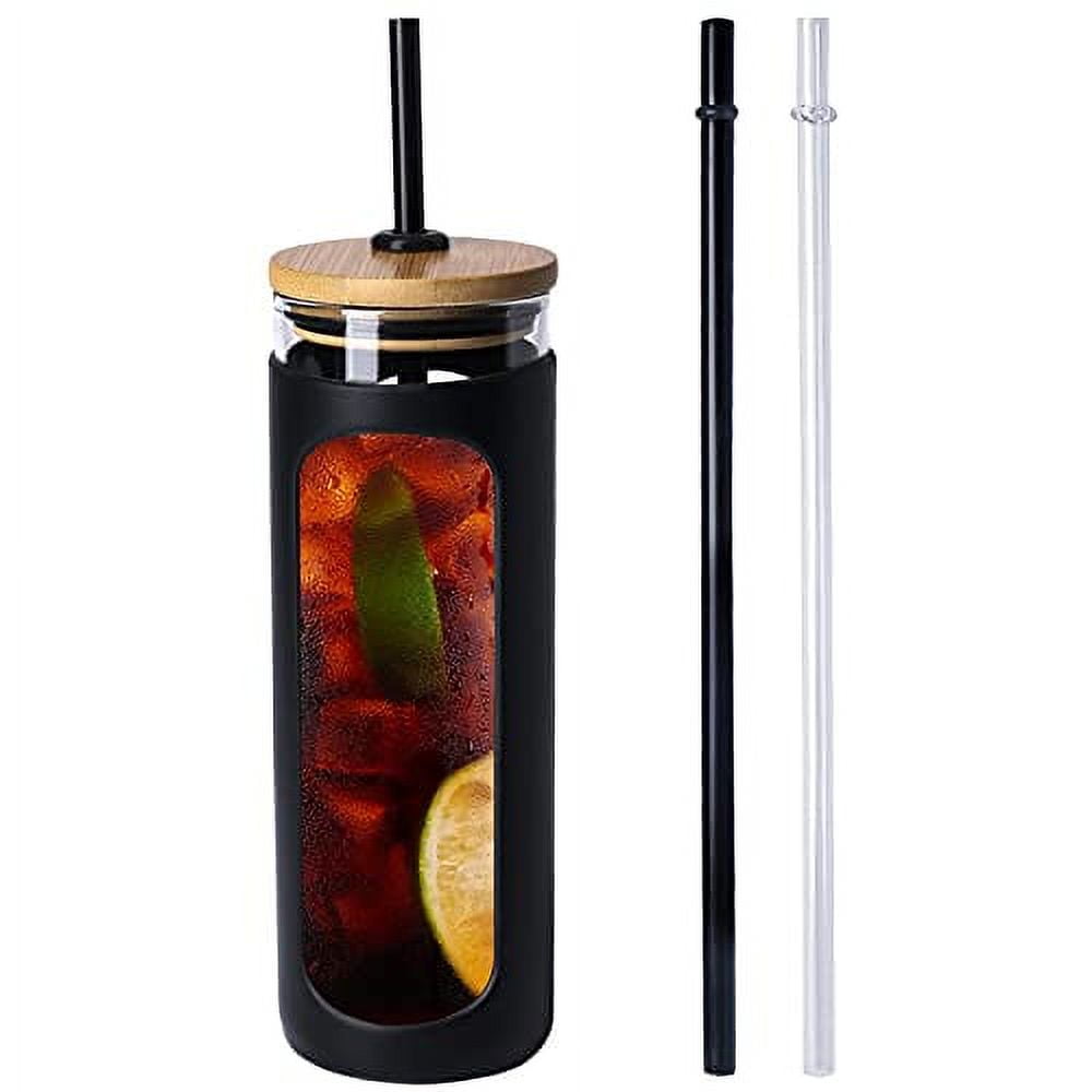 Kodrine 24 oz Glass Water Bottle with Bamboo Lid and Straw, Wide Mouth  Water Tumbler,Straw Silicone Protective Sleeve BPA FREE-Black 