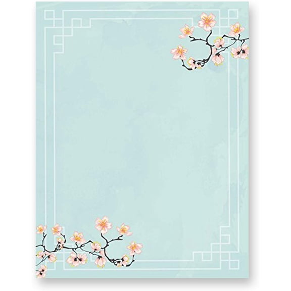 KodyCreations Cherry Blossom Light Blue Designed Letter Note Stationery Writing Paper, 8.5" x 11", 100 Sheets