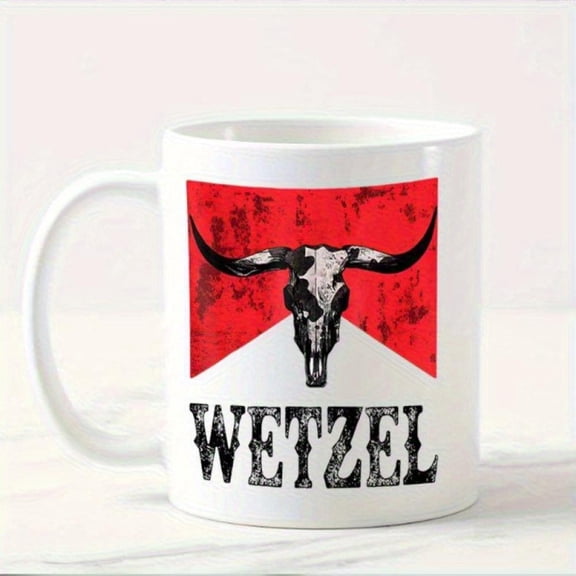 Koe Western Country Music Wetzel Bull Skull 83562 11oz Ceramic Coffee Mug Rustic Red Black Western Design with Bull Skull WEETZEL Lettering Durable Ceramic Cup Country Music Fans W
