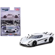 Koenigsegg Regera Silver Metallic with Blue Accents and Collectible Tarmac Cards 1/64 Diecast Model Car by Tarmac Works