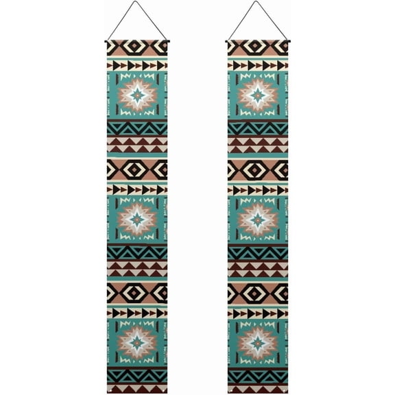 Koesnbre Green Tribal Geometric Hanging Wall Sign Flag Set of 2 for Porch, Welcome Outdoor Sign for Front Door Decor, Outdoor Holiday Welcome Sign, Easy to Install