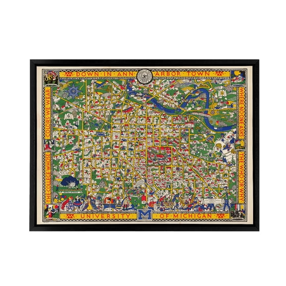 Koessler 1926 Map Michigan University Black Framed Canvas Wall Art Print 18X24"