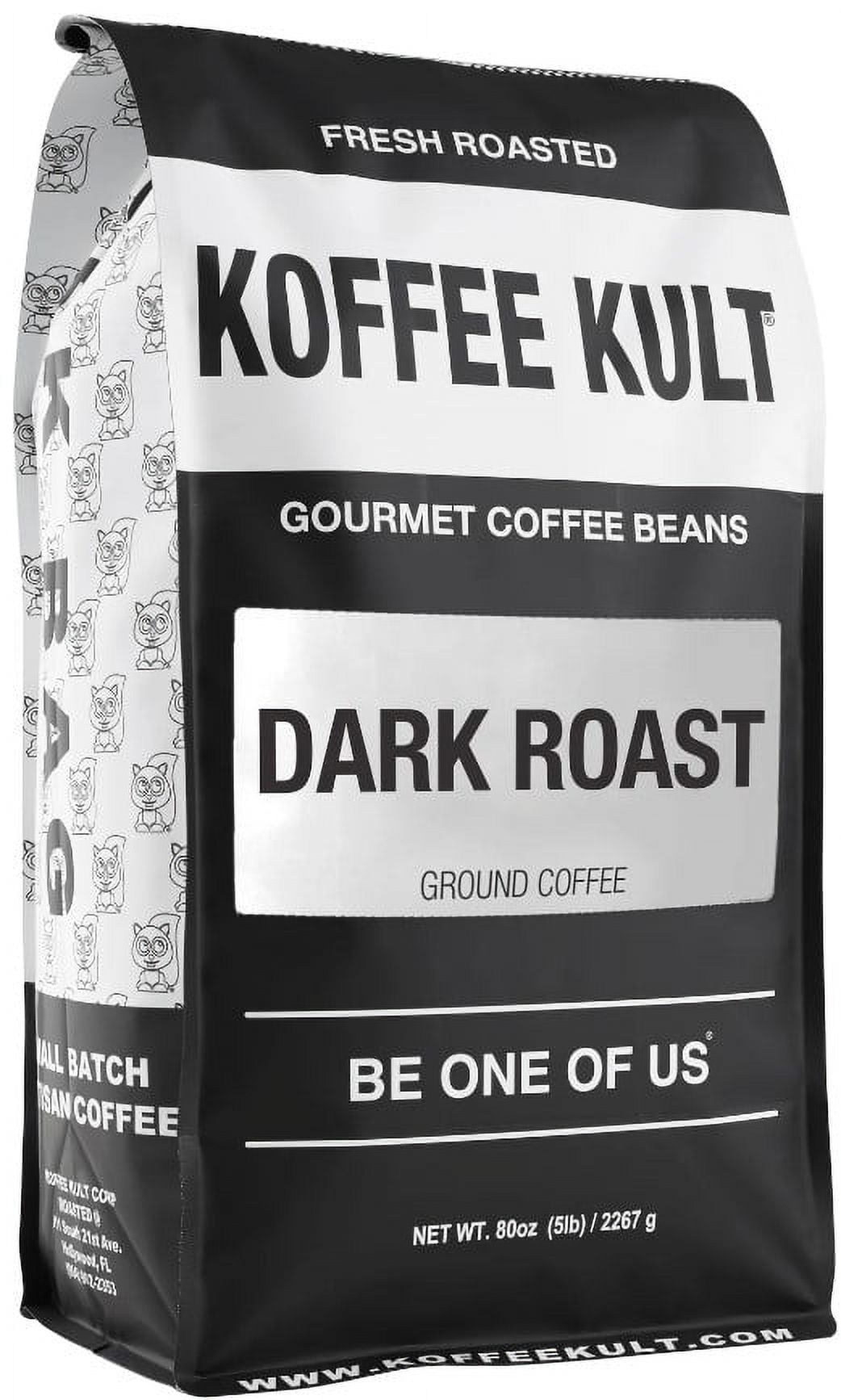 Koffee Kult Dark Roast Ground Coffee - Small Batch Gourmet Aromatic Artisan Blend 100% Organically Sourced Arabica Coffee (Ground, 80oz,)
