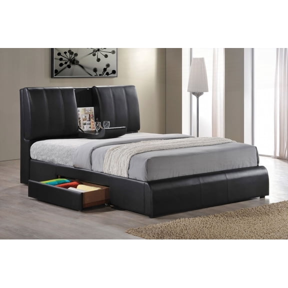 Queen Size Synthetic Leather Storage Bed with Drop Tray, Black, for Bedroom