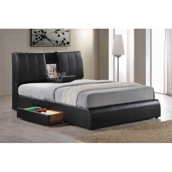 Kofi Black Bed - Synthetic Leather, Storage with Drop Tray & Reversible Rail