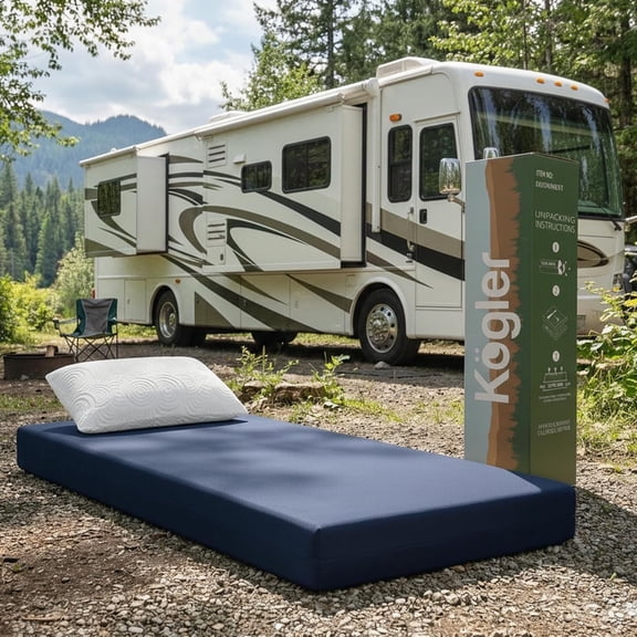 Kogler 4-Inch Gel-Infused Memory Foam RV Mattress with Nylon Cover and Standard Pillow for Custom RV Beds, Navy, 53x75x4