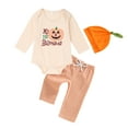 thumbnail image 1 of Kogui 1st Halloween Baby Boy Outfit Newborn Newborn Infant Baby Boy Clothes Letter Print Romper Pants Set Hat 3PC Outfits Set Size 3 6 Months (Beige,3-6 Months), 1 of 9