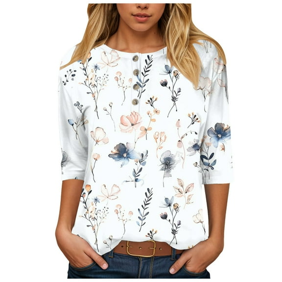 Kogui 3/4 Length Sleeve Women Tops Crew Neck Blouses Dressy Casual Summer T Shirts Loose Fit Business Work Clothes (Blue,S)