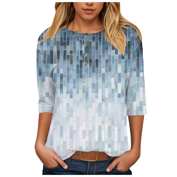 Kogui 3/4 Length Sleeve Women Tops Crew Neck Blouses Dressy Casual Summer T Shirts Loose Fit Business Work Clothes (Dark Blue,S)