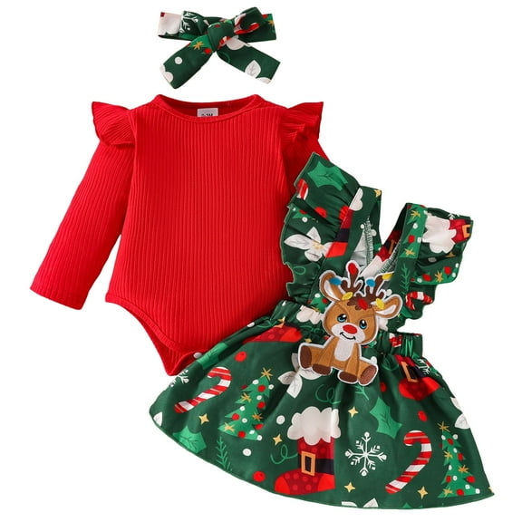 Kogui Baby Girl Christmas Outfit Baby Girl Clothes Toddler Long Sleeve Ruffle Romper Top Skirt Set Little Girl Overall Dress 3 6 Months (Red,3-6 Months)