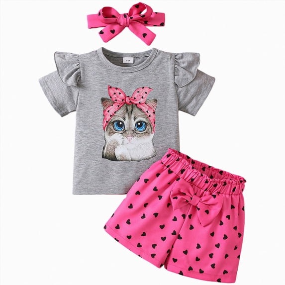 Kogui Baby Girl Clothes Toddler Girl Clothes Cute Print Outfits Ruffle Tops + Shorts 2-Piece Set 3 6 9 12 18 24 Months 2T 3T 4T (Grey,3-4 Years)