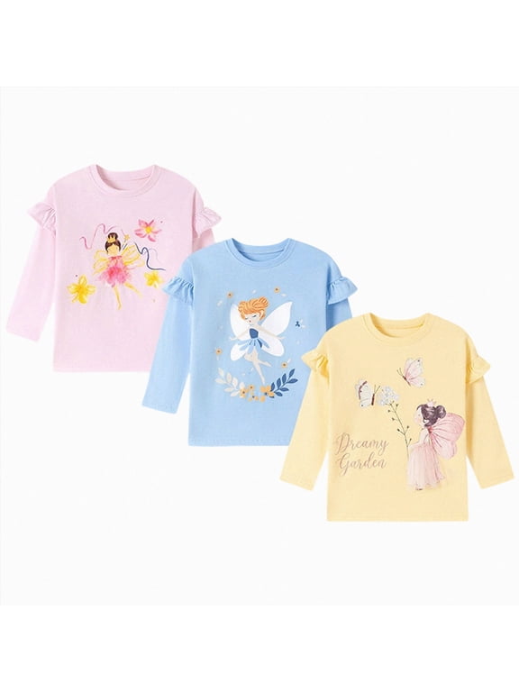Baby Girl Shirts 3-Pack Toddler Girls Long Sleeve Shirts Baby Girl T-Shirt Fly Sleeve Tee Girl Clothes 5T (Light Blue,5 Years)