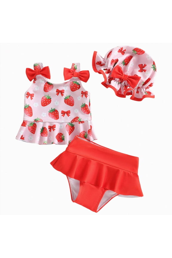 Baby Girls Bikini Set Toddler Swimsuit Girl Color Block Stripe Swimwear Baby Girl Summer Beach Bathing Suits Bikini Set with Ruffled Edges 6 12 Months (Red,6-12 Months)