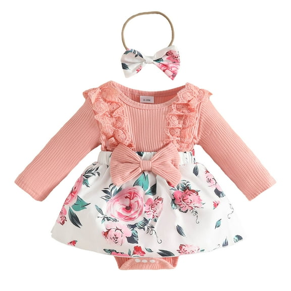 Kogui Baby Girls Fall Dress Baby Girl Clothes 3Pcs Suit Long Sleeve Romper Tops Dress Headband Spring Fall Skirt Sets 0 3 6 9 12 18 24 Months (Pink,12-18 Months)