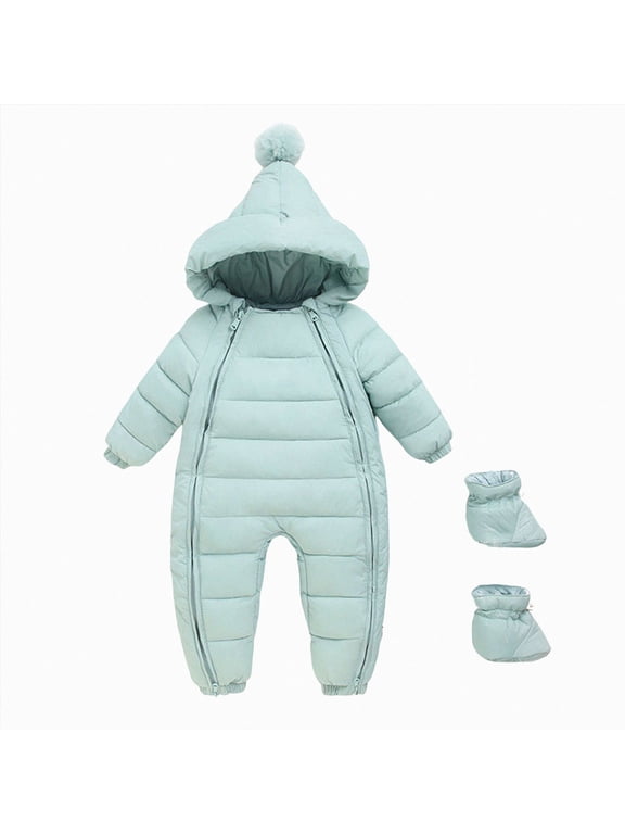 Baby Snowsuit Cute Penguin 3D Decor Hooded Romper with Gloves Warm Zipper Jumpsuit Toddler Winter Snow Wear 18 24 Months (Green,18-24 Months)
