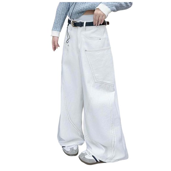 Kogui Baggy Jeans for Girls Girls Baggy Jeans Distressed Denim Pants Elastic Waist Wide Leg Jeans for Girls Kids Loose Fit Size 4T 5T (White,4-5 Years)