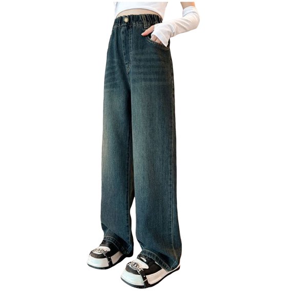 Kogui Baggy Jeans for Kids Girl's Ripped Distressed Jeans Elastic Waist Straight Leg Loose Denim Pants with Pockets Size 4T 5T (Blue,4-5 Years)