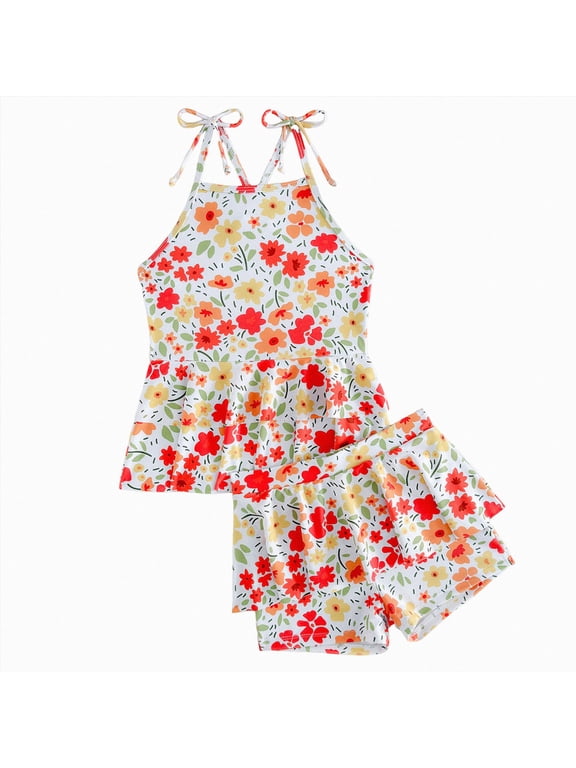 Bathing Suit Little Girls Tankini Swimsuit Cross Straps Back Two Piece Bathing Suits with Pockets Shorts Swimwear Set 5T 6T (Orange,5-6 Years)