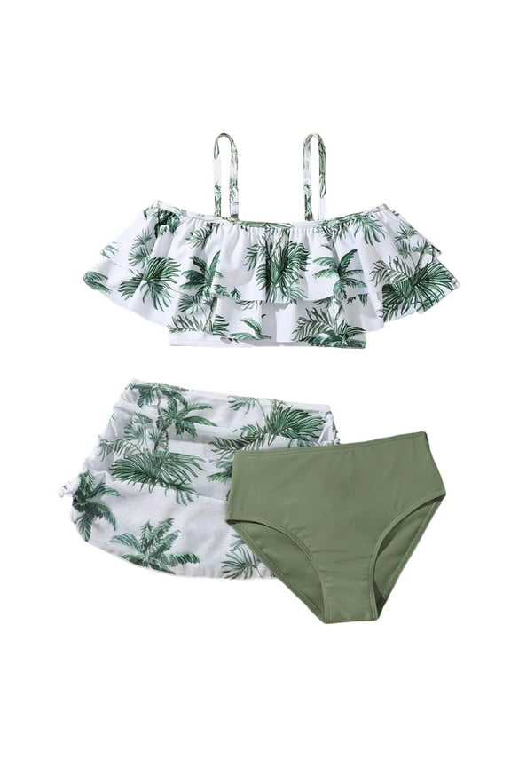 Bathing Suits for Teen Girls Kids Child Girls 3 Piece Swimsuits Bathing Suit Flower Print Bikini Tops Underpants Skirt Summer Bikinis for Kid Size 13-14 (Green,13-14 Years)