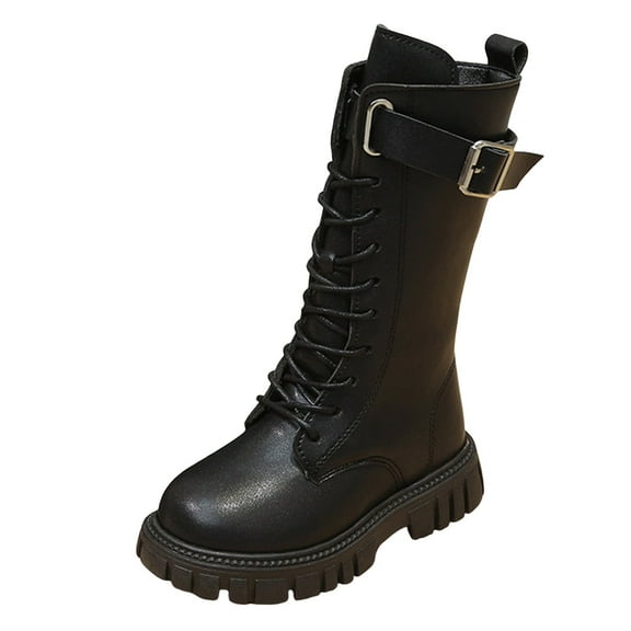 Kogui Black Combat Boots for Girls Girls Boots,Boots for Girls,Leather Combat Riding Boot Side Zipper Sole Ankle Booties for Toddler Kids Size 1 (Black,Big Kids 1)