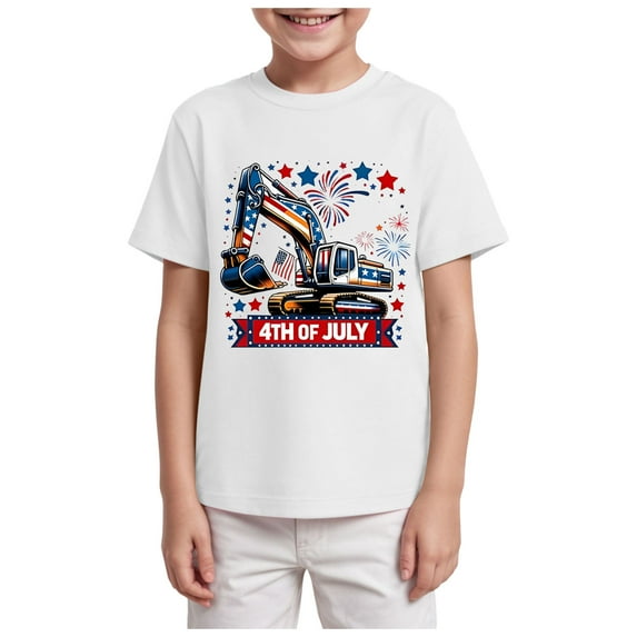 Kogui Boys 4th of July T-Shirt Kids American Tee Monster Trucks Tractor Independence Day Patriotic Tops Short Sleeve (White,3-4 Years)