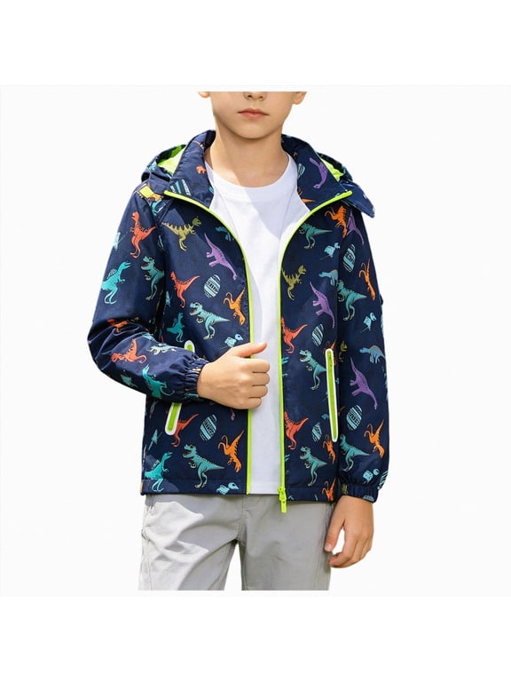 Boys Dinosaur Print Windbreaker Jacket Breathable Kids Zip Up Hooded Raincoat Spring Fall Winter 2-13 Years (Navy,6-7 Years)