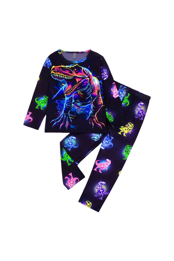 Boys Glow Pajamas - Dinosaur Print Milk Silk PJ Set, Fluorescent Green Long Sleeve Sleepwear Printed Loungewear Size 6T 7T (Black,6-7 Years)