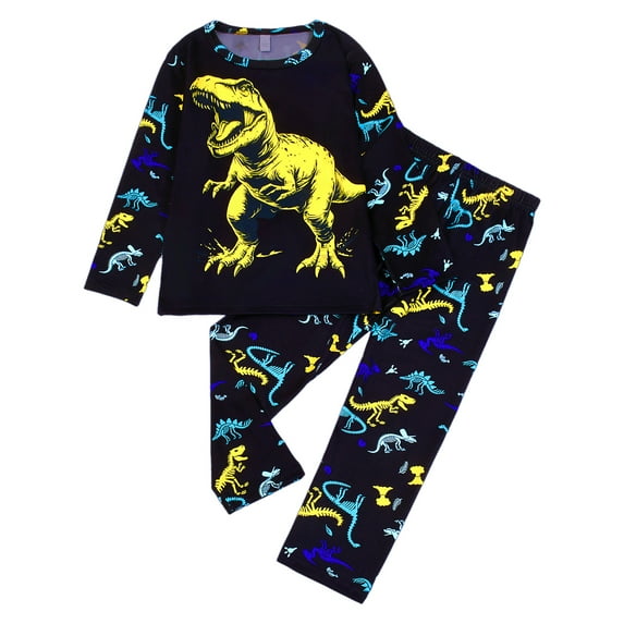 Kogui Boys Glow Pajamas - Dinosaur Print Milk Silk PJ Set, Fluorescent Green Long Sleeve Sleepwear Printed Loungewear Size 6T 7T (Yellow,6-7 Years)