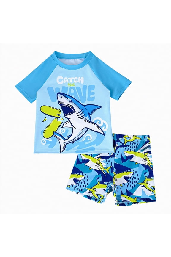 Boys Rash Guard Swim Set Raglan Rash Guard and Swim Trunks UPF 50+ Outfit Set Infant to Little Kid 3T 4T (Blue,3-4 Years)