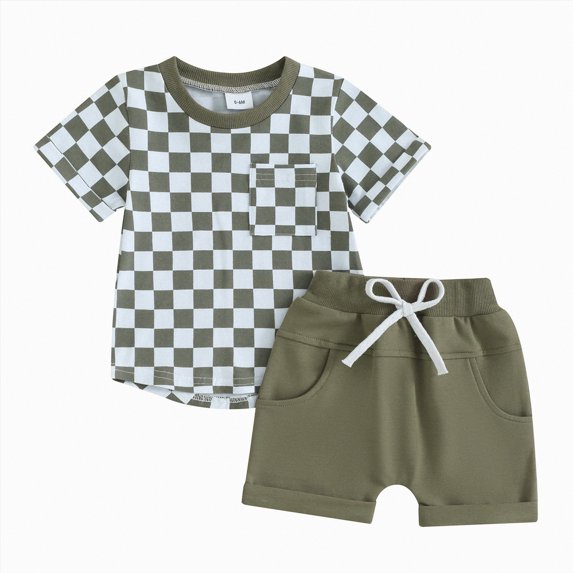 Kogui Boys Shirt And Short Sets Toddler Boy Summer Outfits Baby Boy Animal Print Short Sleeves T-Shirt Plaid Shorts Set Infant Boy Clothes Set 18 24 Months (Green,18-24 Months)