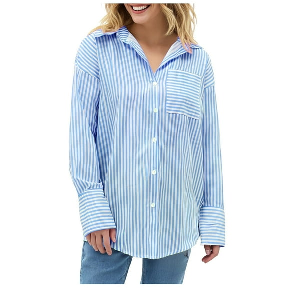 Kogui Button Down Shirts for Women Work Womens Button Down Shirts Linen Striped Dress Shirt Long Sleeve Collared Office Work Blouses Herringbone Tops (Blue,XXL)