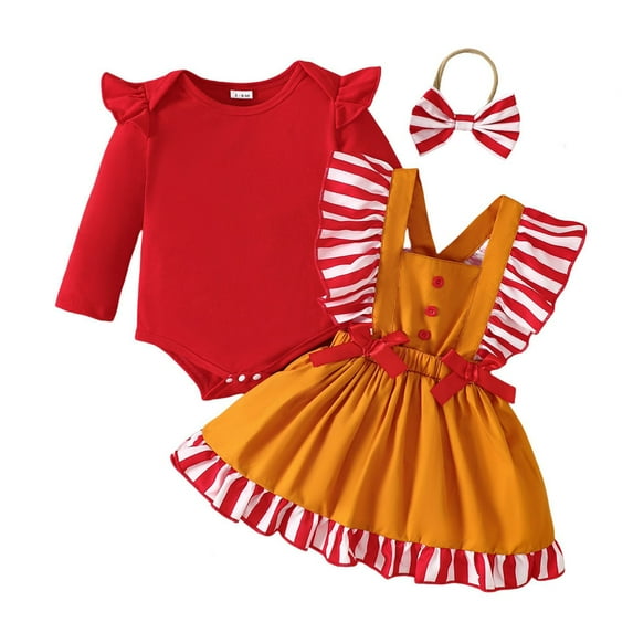 Kogui Christmas Baby Girl Outfit Baby Girl Fall Outfits Long Sleeve Romper and Overall Suspender Skirt Sets Girls Dress Clothes 0 3 Months (Red,0-3 Months)