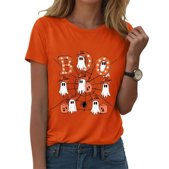 Kogui Cute Halloween Shirts for Women Halloween Tshirt Women Pumpkin Graphic Tee Funny Fall Short Sleeve Tops Shirt (Orange,XL)