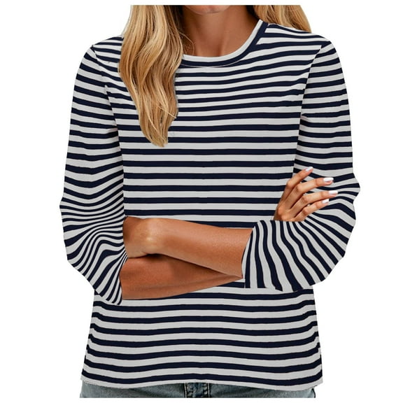 Kogui Cute Tops for Women Long Sleeve Shirts for Women Loose Fit Striped Casual Crew Neck Fall Tops Basic Tees 2025 Fashion (Grey,L)