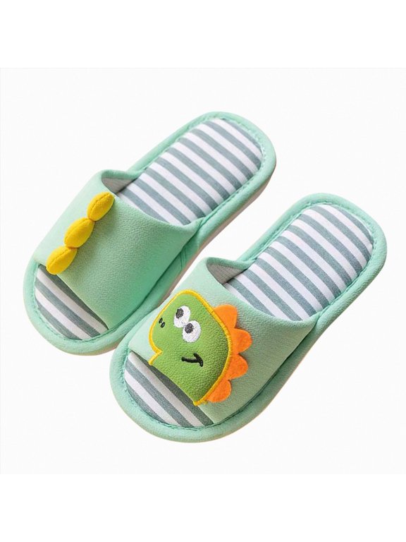 Dinosaur Print Toddler House Slippers, Open Toe Cotton Comfort Slip On Indoor Shoes Size 2 (C,2 Big Kid)