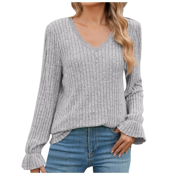 Kogui Fall Clothes Women Women's Tops Casual V Neck Long Sleeve Waffle Knit Textured Lace Hollow Out Shirts Loose Tunic Tops Blouses (Grey,XXL)