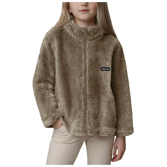 Kogui Fleece Jacket Kids Girls Kids Girls Long Sleeve Fur Fleece Zip Up Jacket Thicken Solid Color Casual Warm Outerwear for Winter Size 8-9 (Coffee,8-9 Years)