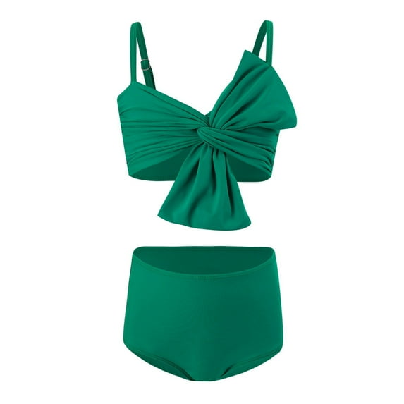 Kogui Floral Drawstring Bikini Girls Little Girls Two Pieces Swimsuit Color Block Stripe Swimwear Summer Beach Bathing Suit Size 10-12 Years (Dark Green,10-12 Years)